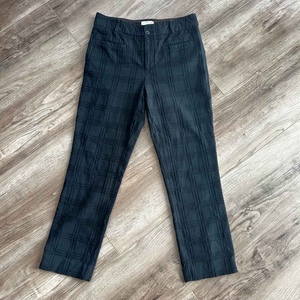 Anthropologie essential slim black pants with a textured plaid pattern size 6